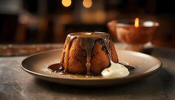 A dessert on a plate with a candle in the background photo