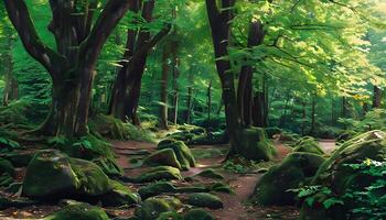 A forest with rocks and trees in the middle photo