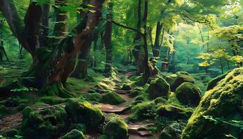 A forest with mossy rocks and trees photo