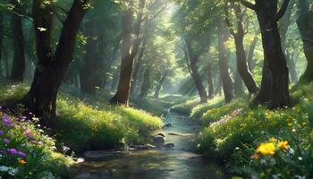 A stream runs through a forest with flowers and trees photo