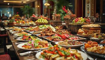 A buffet table with many plates of food photo