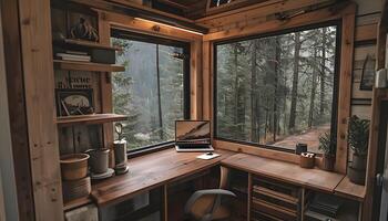 A desk in a cabin with a window overlooking the woods photo
