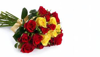 A bouquet of red and yellow roses on a white background photo