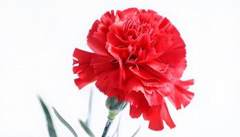 A red carnation is shown in front of a white background photo
