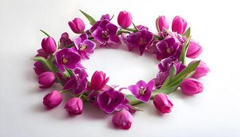 A wreath of purple tulips is arranged on a white surface photo