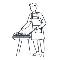 Man Cooking on Grill with Skewers in Line Art vector