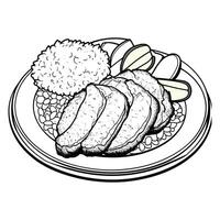 Black and White Plate of Sliced Meat with Rice vector