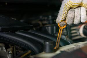 A mechanic checks oil levels using a dipstick photo