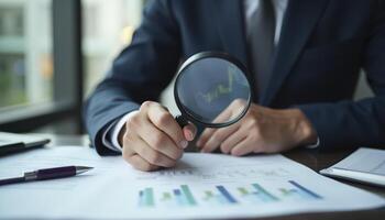 An auditor in a professional suit reviewing financial documents with a magnifying glass, symbolizing tax investigation and compliance photo