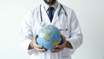 Doctor holding a globe, symbolizing global healthcare photo
