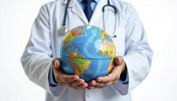 Doctor holding a globe, symbolizing global healthcare. Suitable for medical, travel, and global awareness concepts in design projects. photo
