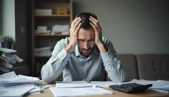 A frustrated man sitting at a cluttered desk, holding his head with both hands, overwhelmed by tax paperwork photo