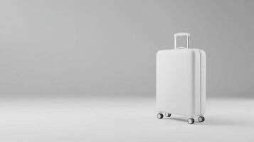 White suitcase on wheels against minimalist grey background photo