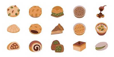 A collection of assorted Middle Eastern dessert icons. vector