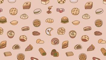 A seamless pattern of various pastries and desserts. vector