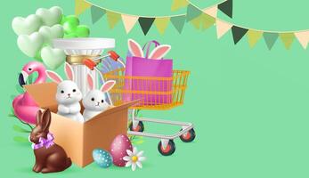 Easter poster and banner template with Easter eggs in the nest on background.Greetings and presents for Easter Day in flat lay styling.Promotion and shopping template for banner vector