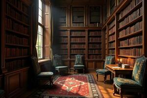 A library with chairs and a rug in front of a window photo