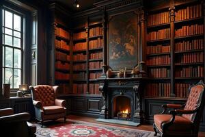 A library with a fireplace and chairs photo