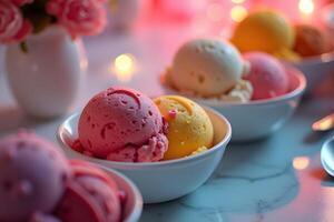 A row of colorful ice cream scoops in bowls photo