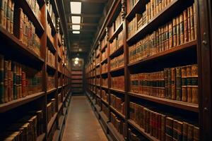 A long row of books in a library photo