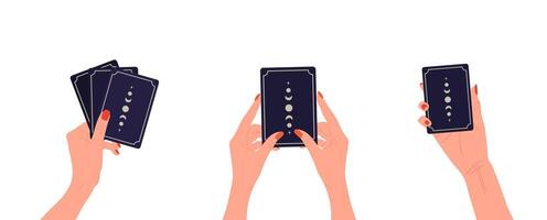Hands holding tarot cards with moon. Female fortune teller predicting future. Magic and esoteric. Set of illustrations in flat cartoon style vector