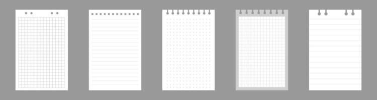 Set of notebook sheets isolated on gray background. Realistic white blanks of checkered, lined and dots paper. Different vertical pages from diary. template vector