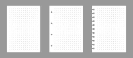 Set of notebook sheets isolated on gray background. Realistic white blanks of dots paper. Different vertical pages from diary. template vector