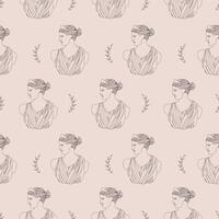 Seamless pattern with ancient greek sculptures. Linear head of Artemis. Goddess antique statue. Trendy illustration in one line drawing style vector