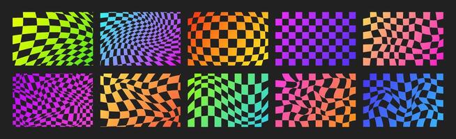 Psychedelic Checkerboard. Neon Groovy hippie 70s backgrounds set. Trippy checkered wallpaper. Retro illustration in Y2k style. Funky distorted pattern vector