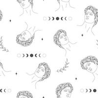 Seamless pattern with ancient greek sculptures. Linear head of David. God antique statue. Trendy illustration in one line drawing style vector