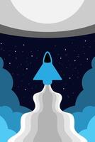 Flat design illustration of rocket launch at night on starry dark background vector