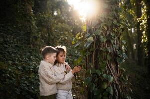 Two children stand in the dappled sunlight, tracing the winding vines on an old tree with wonder in their eyes. photo