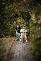 Barefoot and fearless, they ride through the winding garden path, the golden light wrapping them in warmth. photo