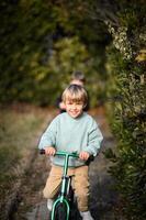 The garden path becomes a racetrack as two boys chase the wind, their tiny wheels spinning with endless excitement. photo