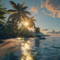 Sunset on the beach with palm trees photo