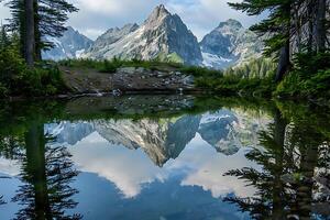 A mountain reflecting in a lake with trees photo
