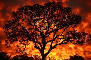 A tree in the foreground with a fiery sky behind it photo