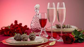 A table with two glasses of champagne and chocolate photo