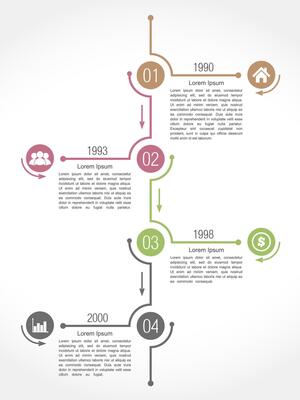 Timeline infographics design template with place for numbers, dates, icons and text