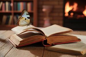 A butterfly on an open book and a fireplace in the background photo