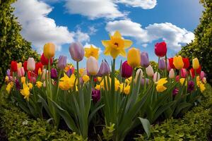 A field of colorful flowers with a blue sky in the background photo