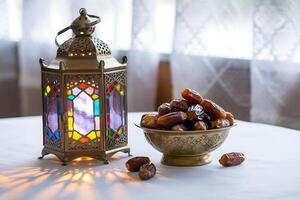 A colorful lantern and a bowl of dates photo