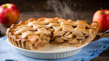 A pie with a slice missing on a plate photo