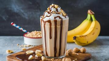 A milkshake with bananas and nuts on a cutting board photo