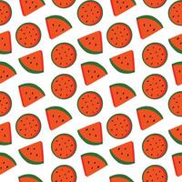 Seamless pattern of watermelon slices with seeds on white background, flat cartoon style. vector