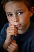 boys deep blue eyes shimmer with curiosity, framed by long lashes and a dusting of freckles across his cheeks. photo
