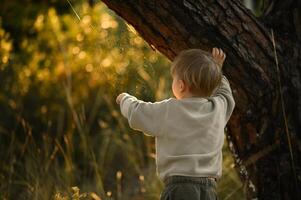 A boy stands by a tree, gently touching a delicate web as sunlight filters through the branches photo
