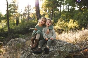 Sunlight filters through the trees as two children sit on a moss-covered rock, their laughter echoing among the floating soap bubbles. photo