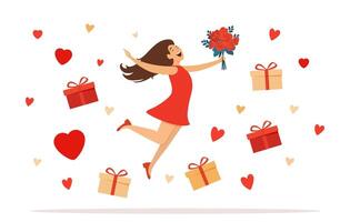 Happy woman celebrating with gifts and flowers vector