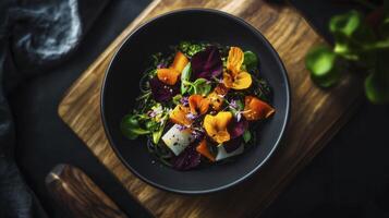 A bowl of vegetables with greens and herbs on a wooden cutting board photo